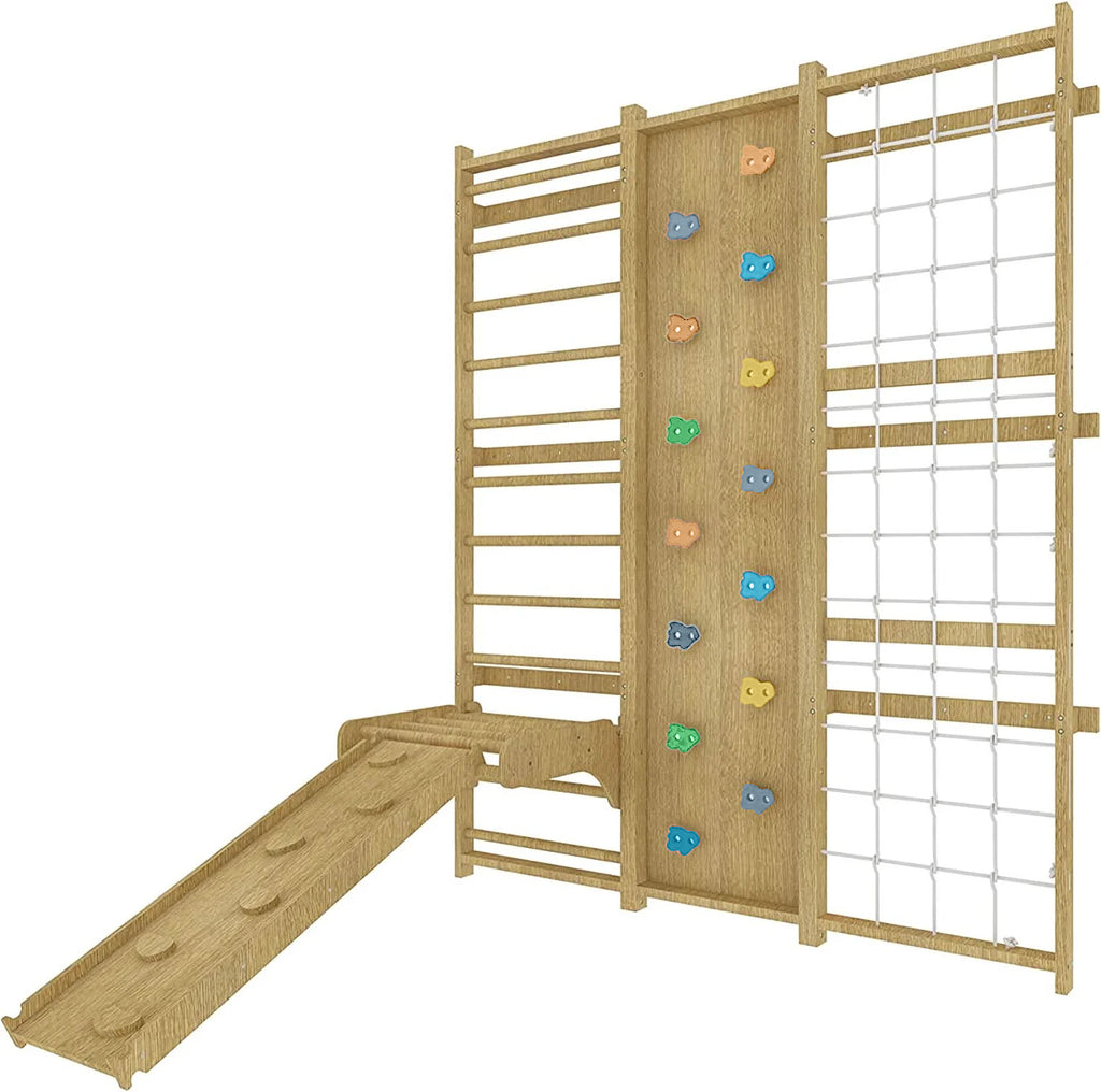 Avenlur Walnut kids indoor gym with climbing wall, net and slide
