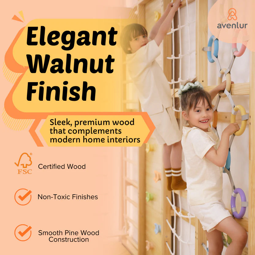 Avenlur 79 inch Walnut Modular Swedish ladder in a playroom with a lower ceiling