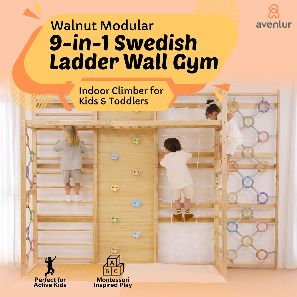 Kids climbing the Avenlur 79 inch Walnut Modular wall gym