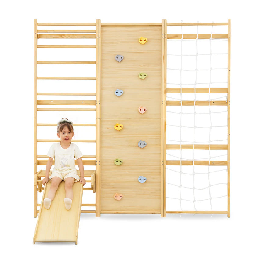 Avenlur Walnut Modular 79 inch Swedish wall gym with ladder, rock wall and rope wall panels