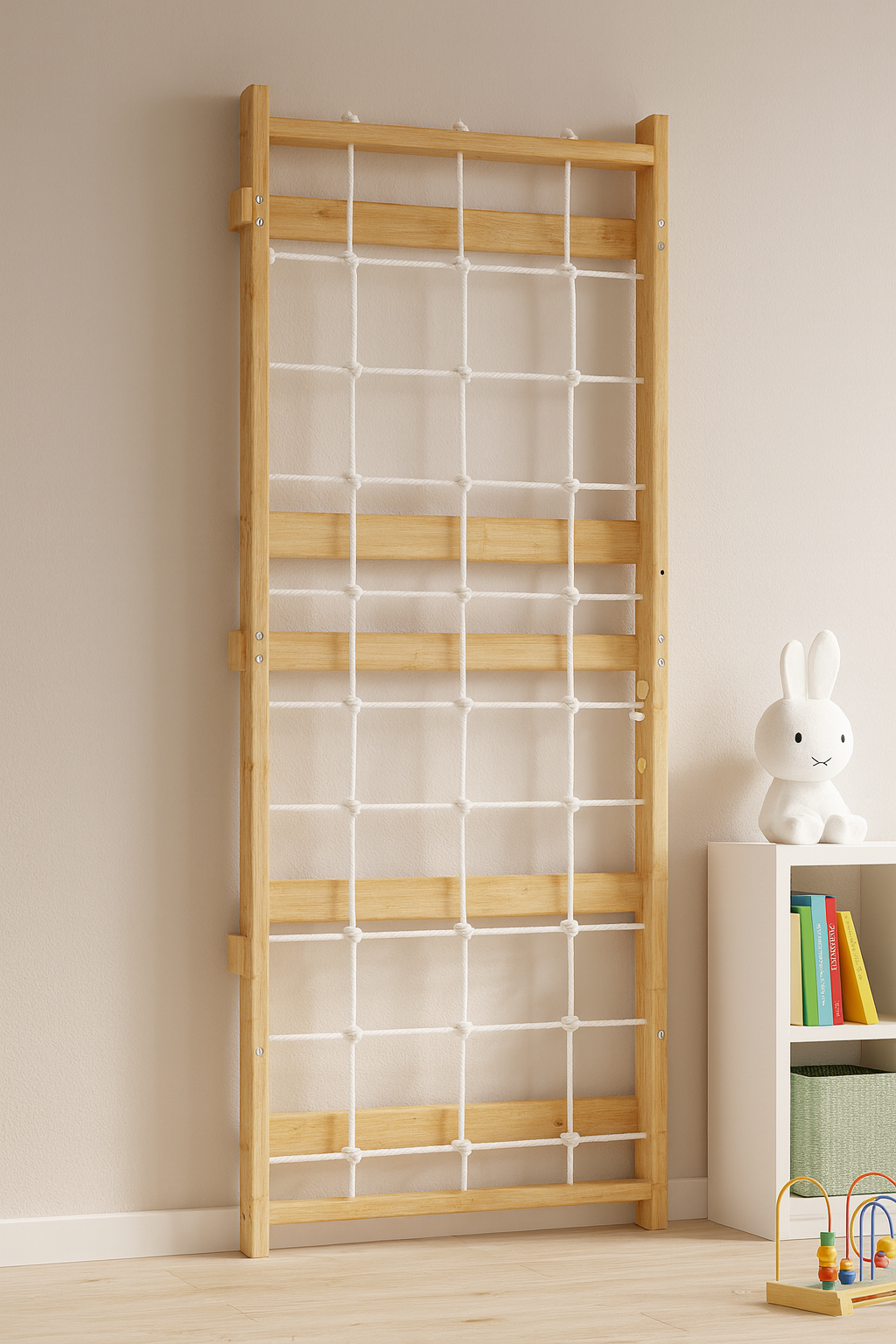 Avenlur rope wall panel installed on the 95 inch Walnut Modular Swedish ladder
