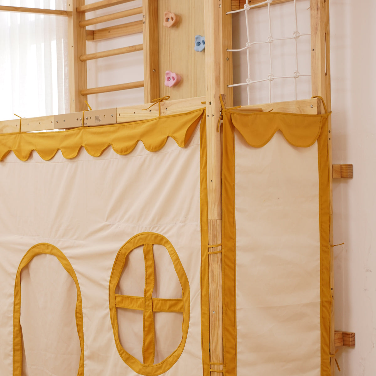 Avenlur Walnut play tent with door and window openings under the monkey bars