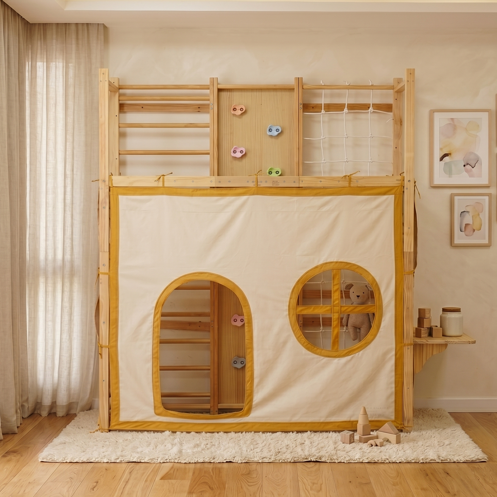 Avenlur Walnut play tent hanging from the monkey bar attachment on a Walnut Swedish ladder