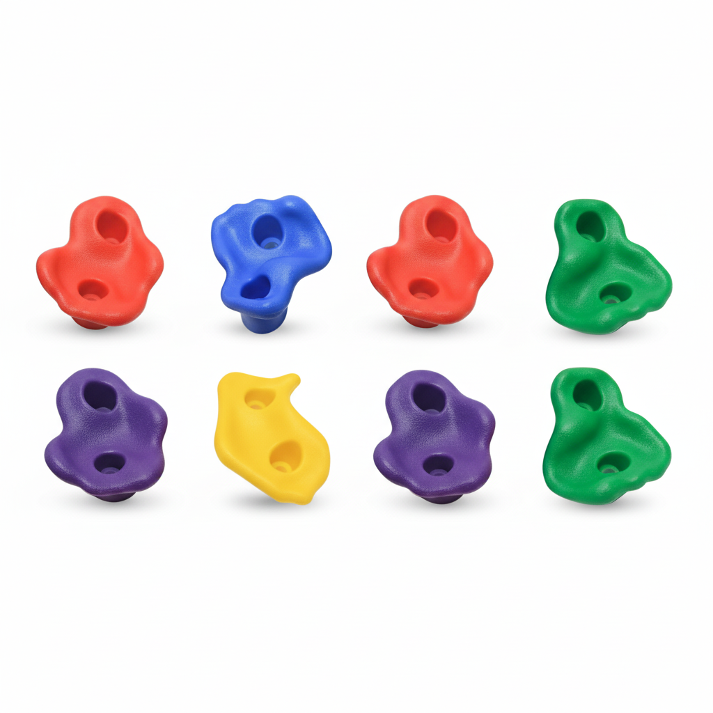 Avenlur primary color climbing rocks installed on a Walnut wall