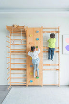 Two kids climbing the Avenlur Walnut Swedish ladder jungle gym