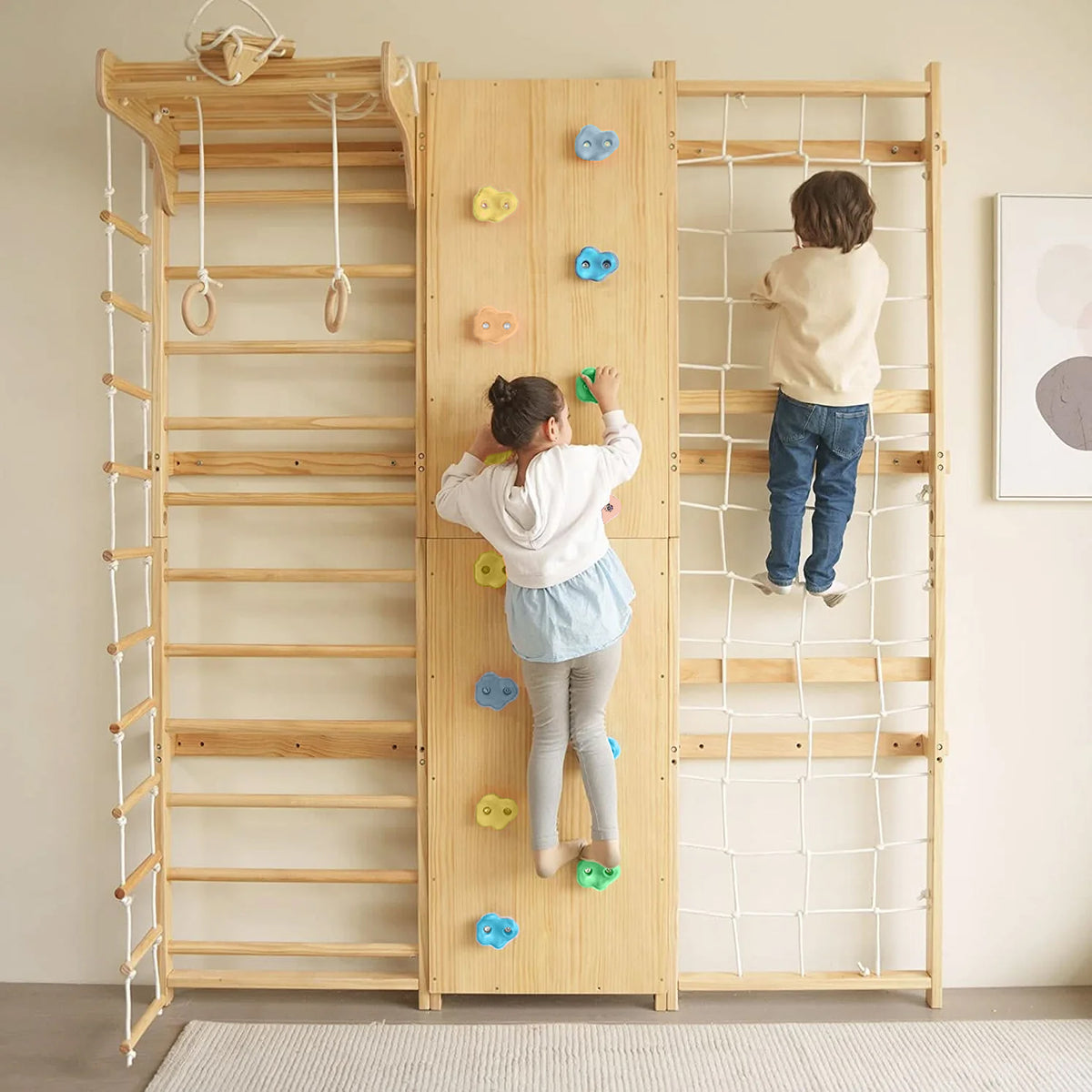 Kids playing on the Avenlur Walnut wooden climbing wall for kids