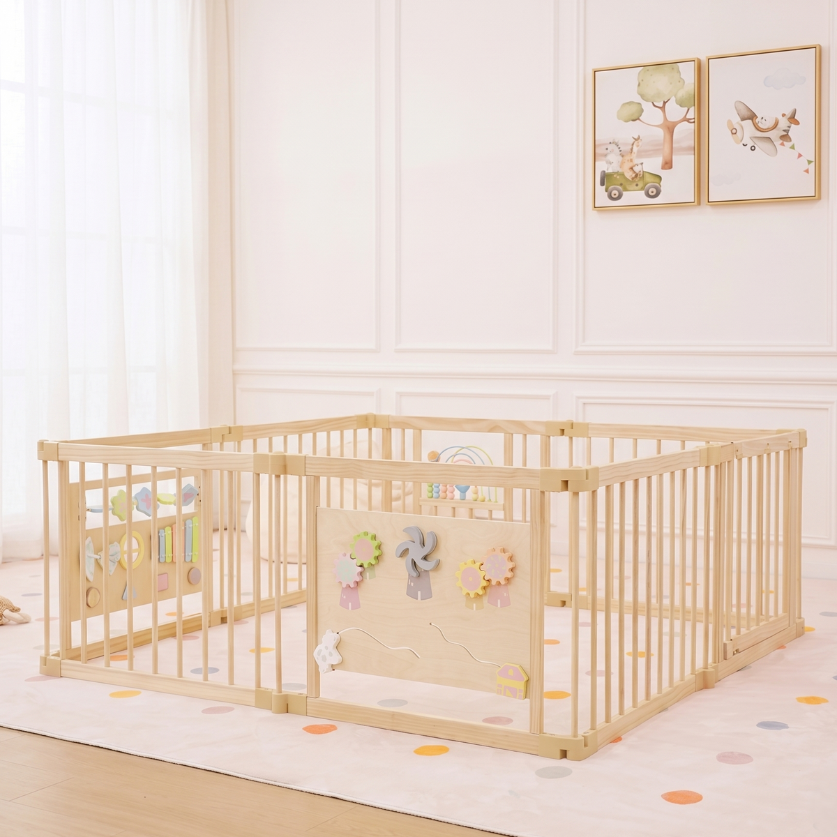 Avenlur wooden baby playpen with sensory activity panels, 63 x 63 inch