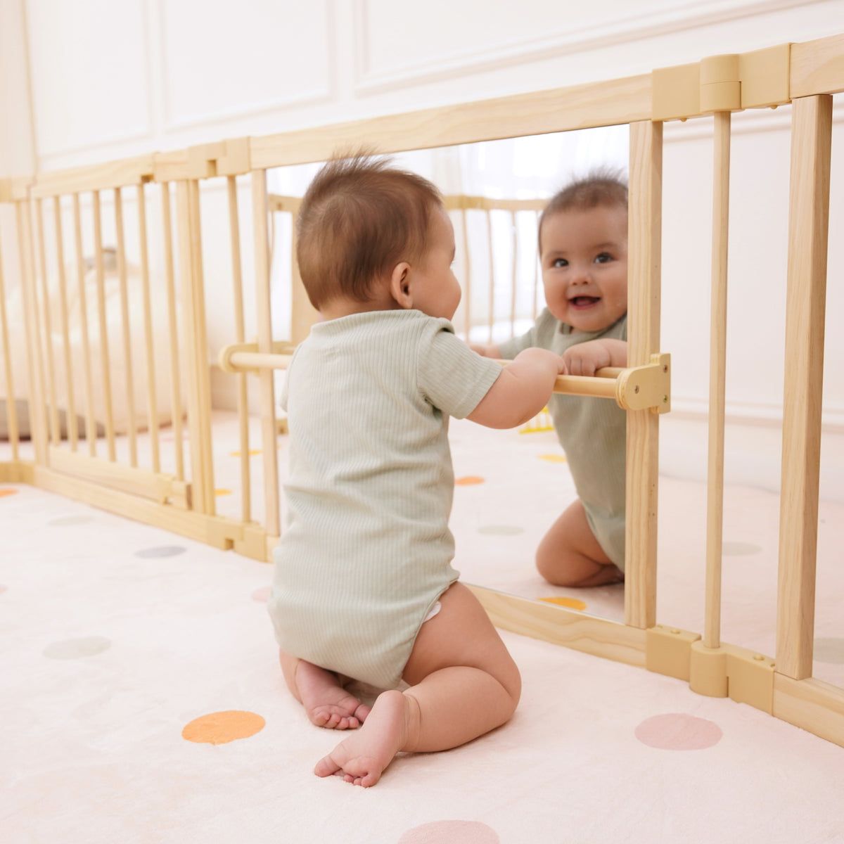 Abacus and sensory activity panels on the Avenlur Montessori wooden playpen