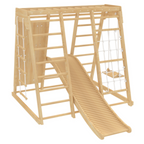 Avenlur wooden roller slide attached to the Magnolia indoor jungle gym