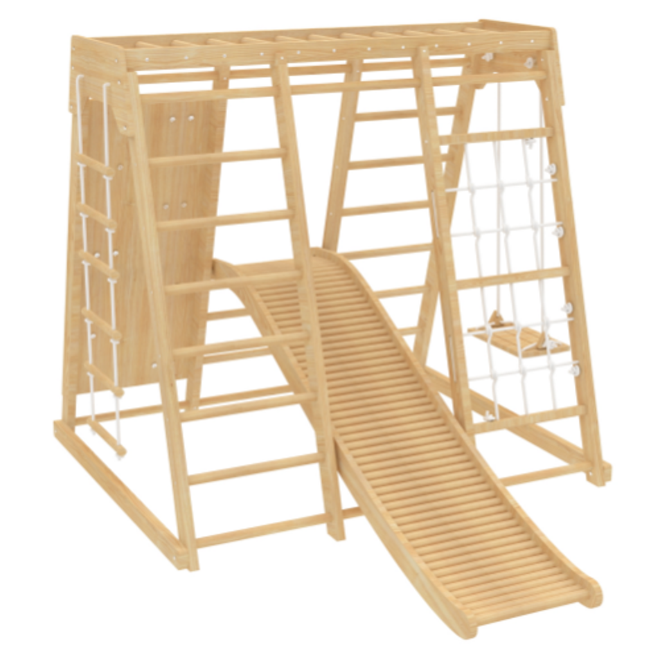 Avenlur wooden roller slide attached to the Magnolia indoor jungle gym