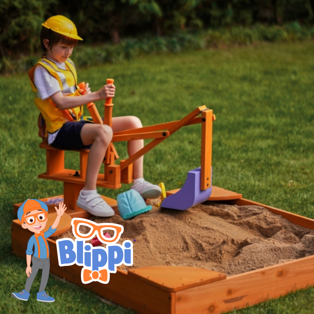 Blippi excavator features: swivel seat, levers and scoop