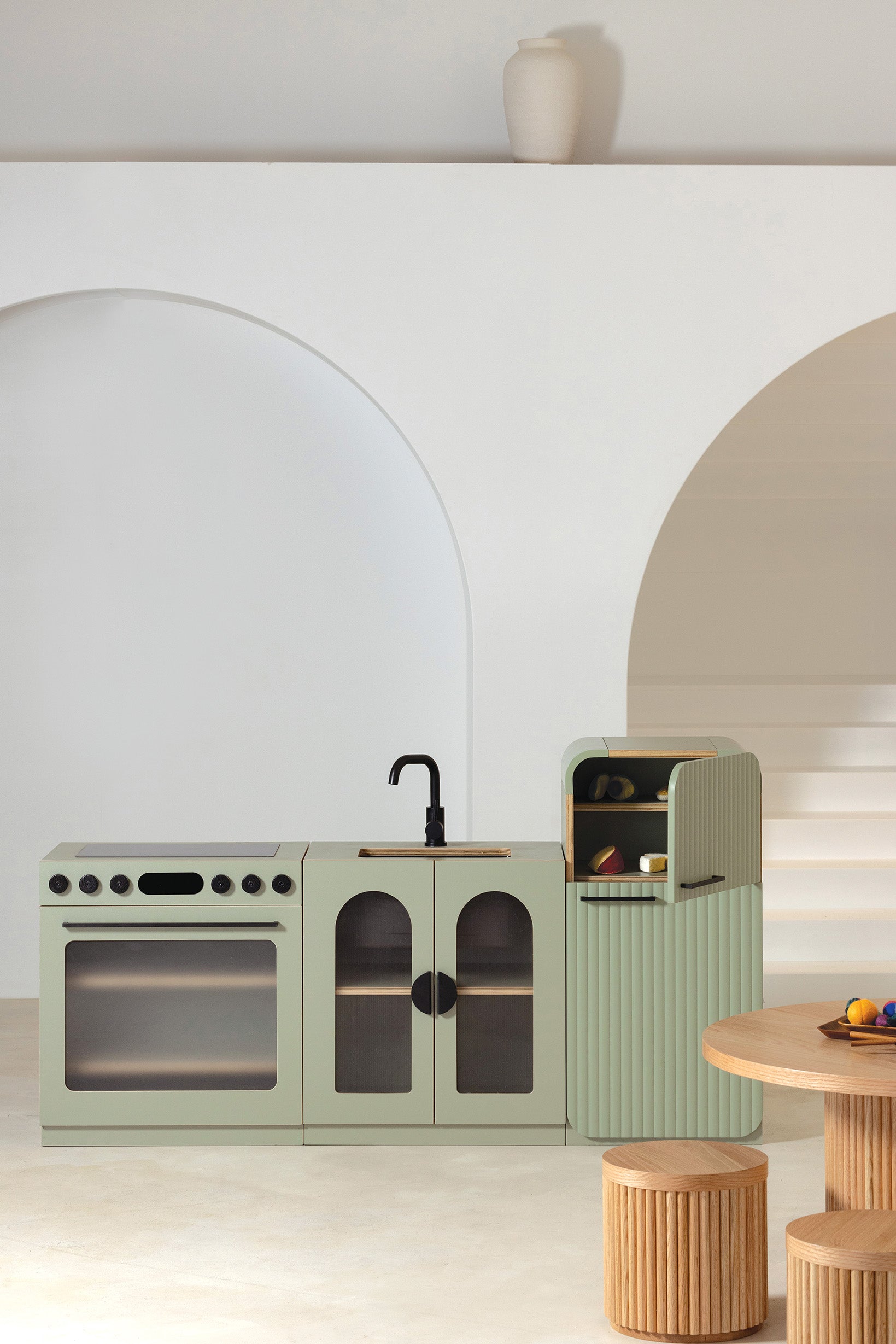 Sage Fluted play fridge shown beside the matching oven and sink