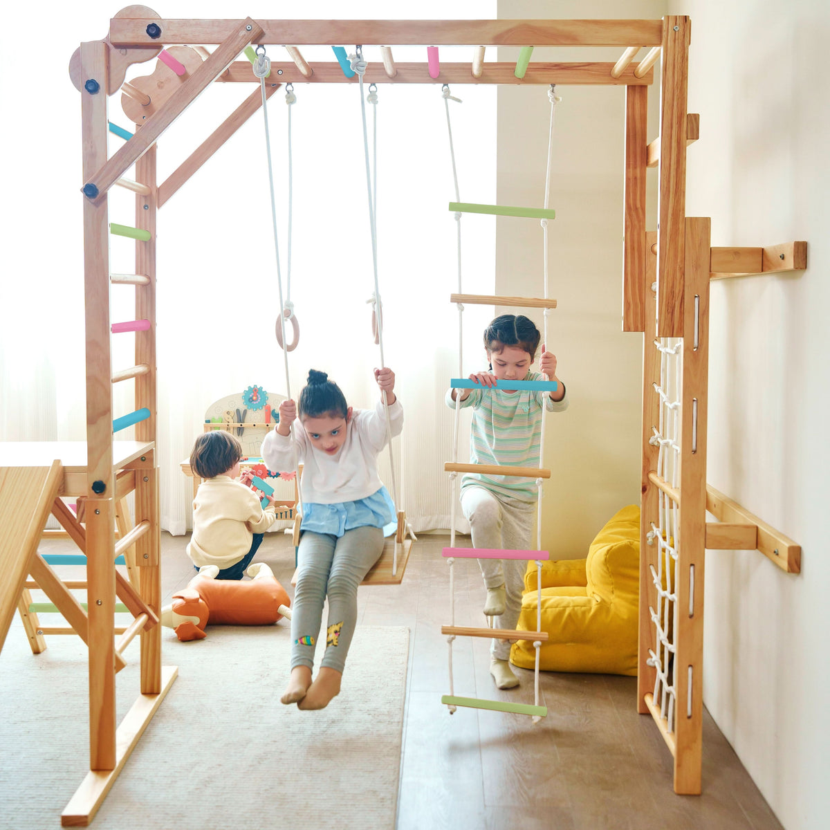 Avenlur Grove foldable indoor jungle gym for toddlers and kids with colorful climbing bars