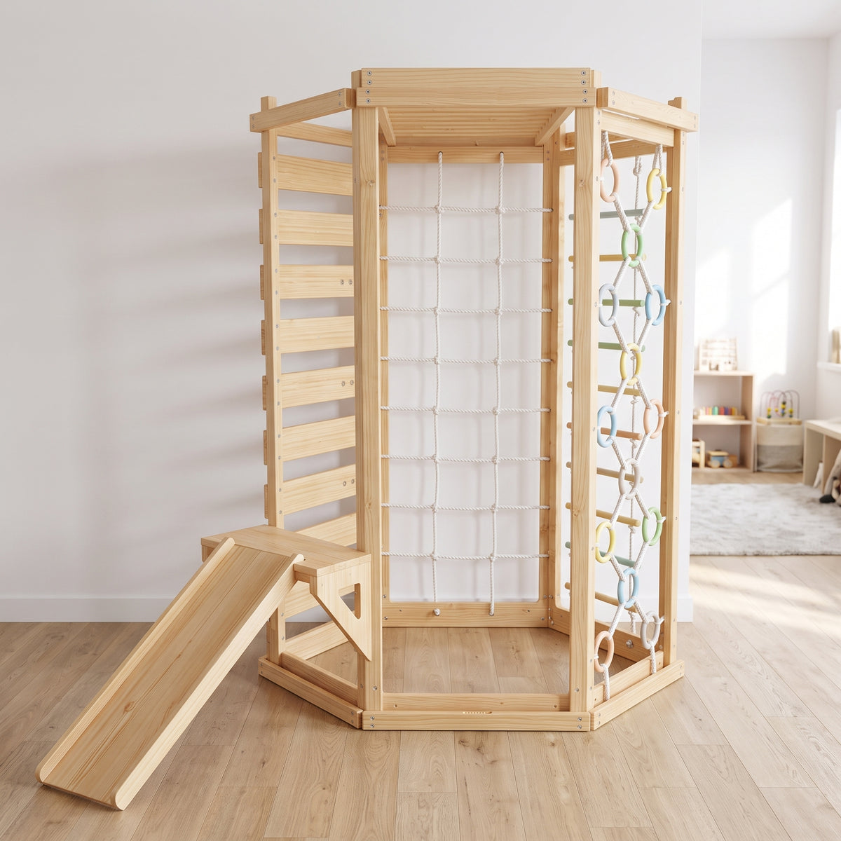 Avenlur Hawthorn indoor climbing gym with rope net side anchored against a playroom wall, ladder and slide on the left, ring climbing wall on the right