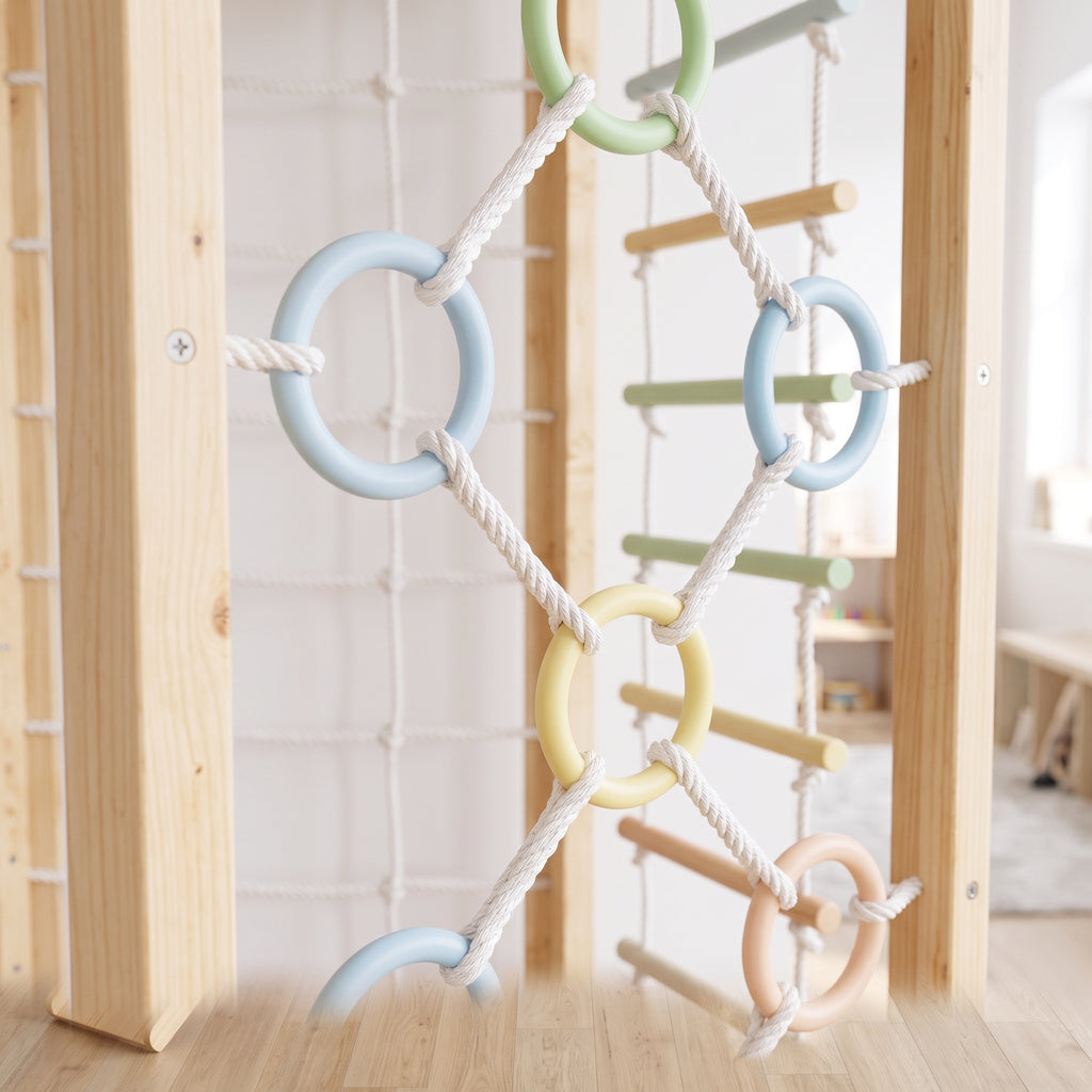 Close-up of the Hawthorn pastel ring and rope climbing wall with wooden rungs