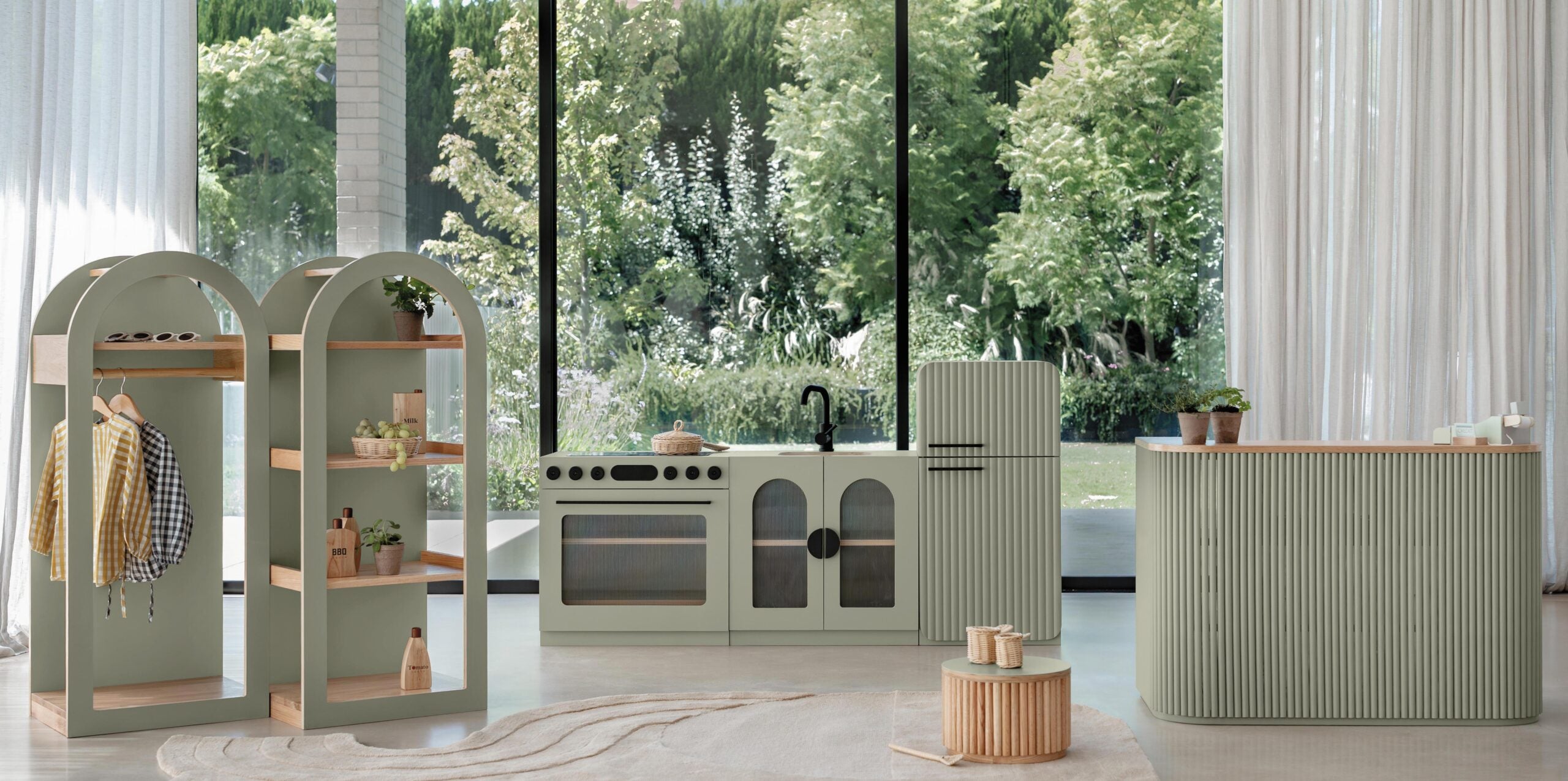 Sage Fluted play oven shown with the matching sink and fridge