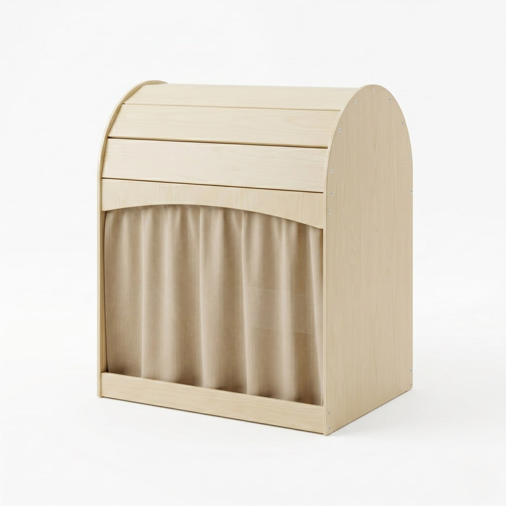 Beige wooden toy box with a curtain on a white background