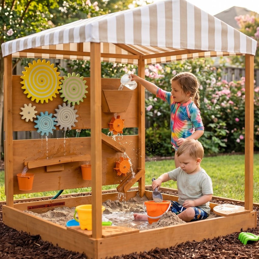 Children playing in a wooden sandbox with a striped roof in a garden setting.