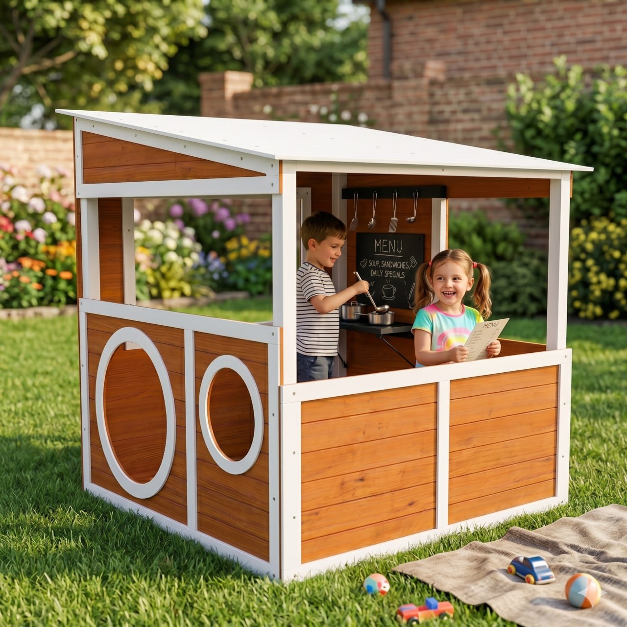 Children playing in outdoor wooden playhouse kitchen