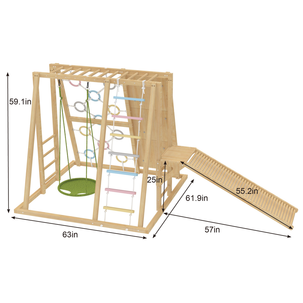 Dimensions diagram of Avenlur Sweetgum indoor Montessori climber with labeled height, width, and ramp length
