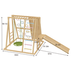 Dimensions diagram of Avenlur Sweetgum indoor Montessori climber with labeled height, width, and ramp length
