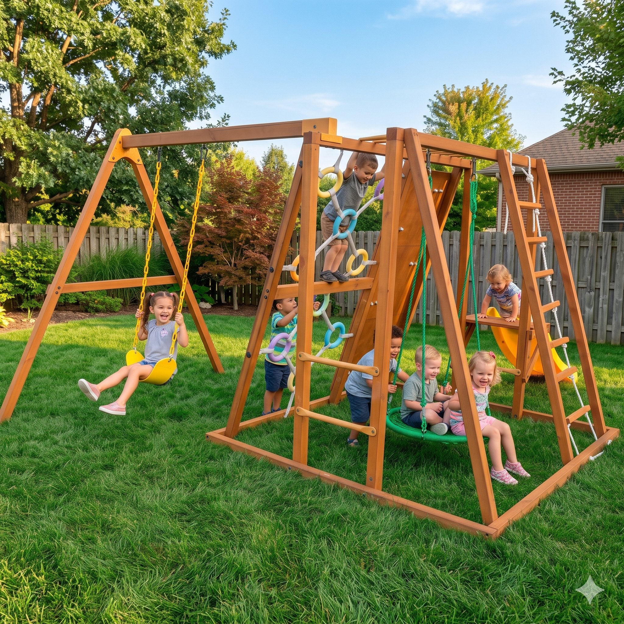 Children playing, climbing and swinging on the Sycamore Large backyard playset on a lawn