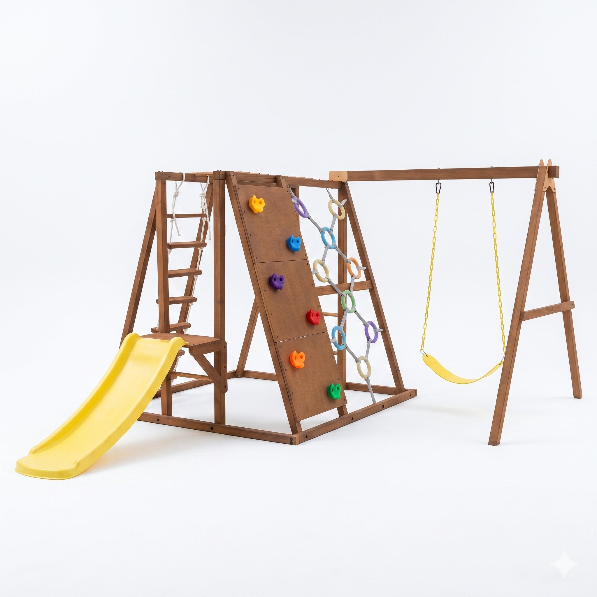 Sycamore Large outdoor wooden swing set with climbing wall, slide, nest swing and belt swing