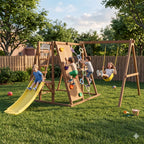 Boy sliding down the yellow slide of the Sycamore Large outdoor play set