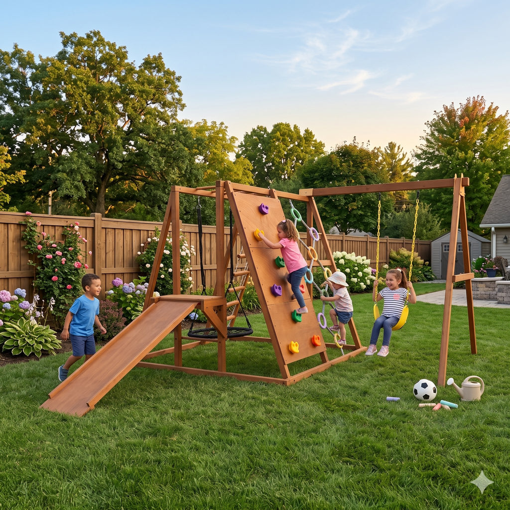 Children climbing, swinging and playing on the Sycamore XL backyard playset on a lawn