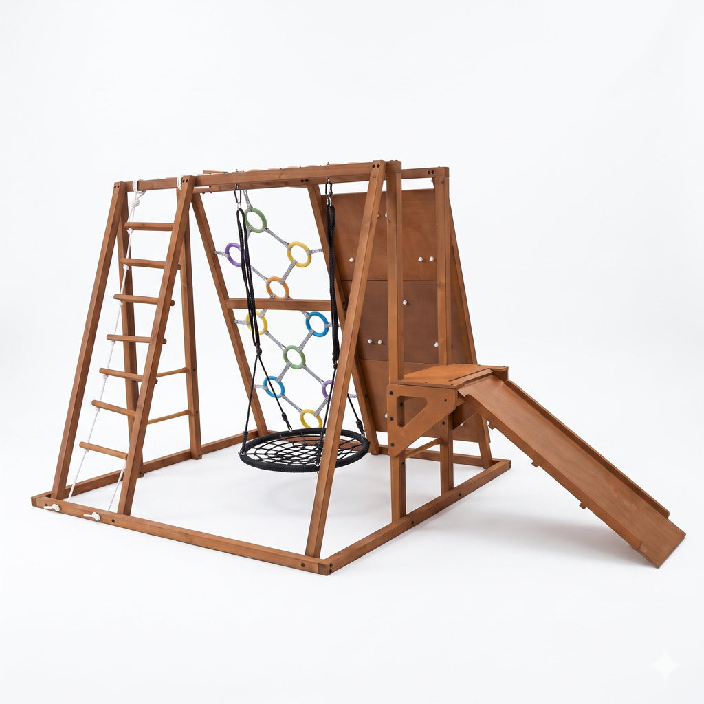Side view of the Sycamore XL climbing frame with rope ladder, ring web and nest swing