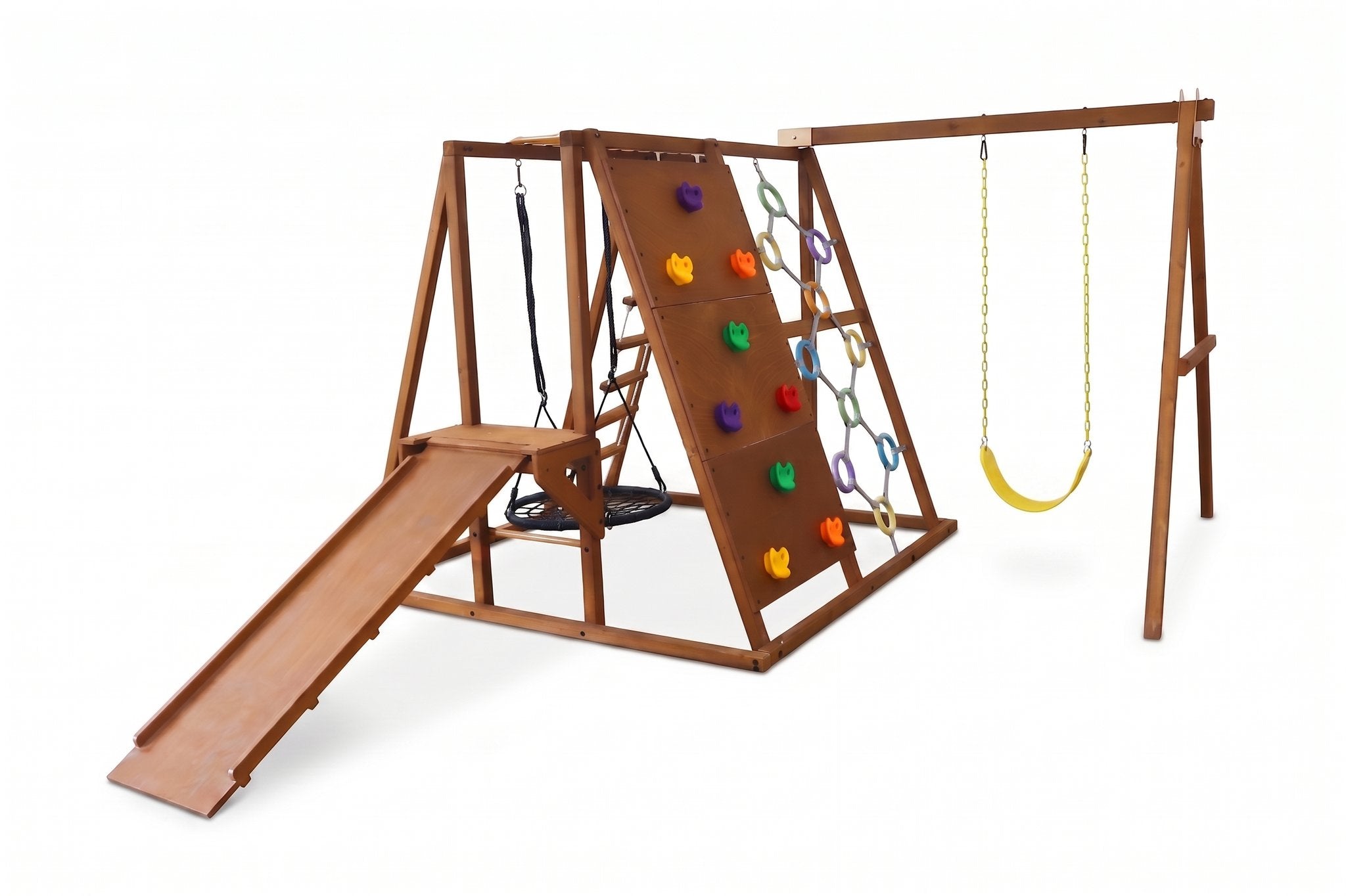Sycamore XL outdoor wooden swing set with climbing wall, ramp, nest swing and belt swing