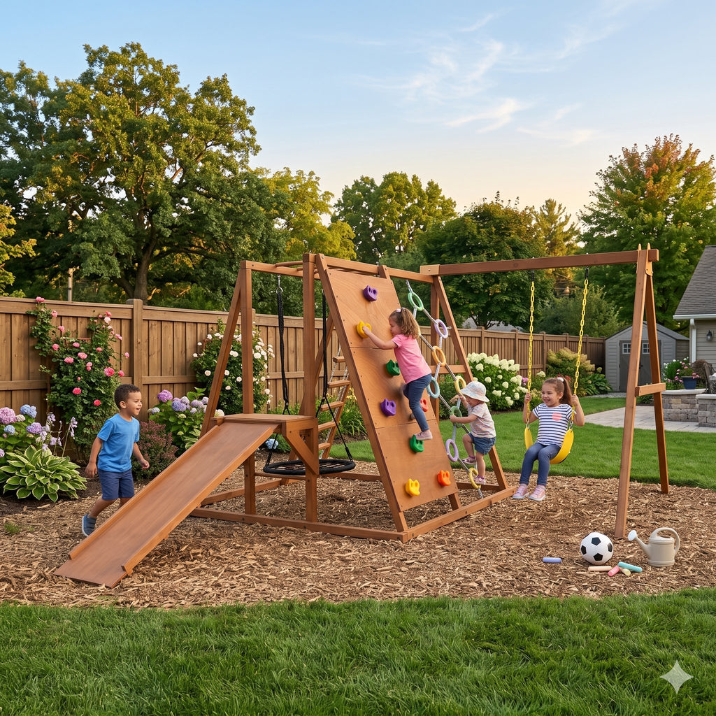 Kids on the rock climbing wall and ring ladder of the Sycamore XL jungle gym