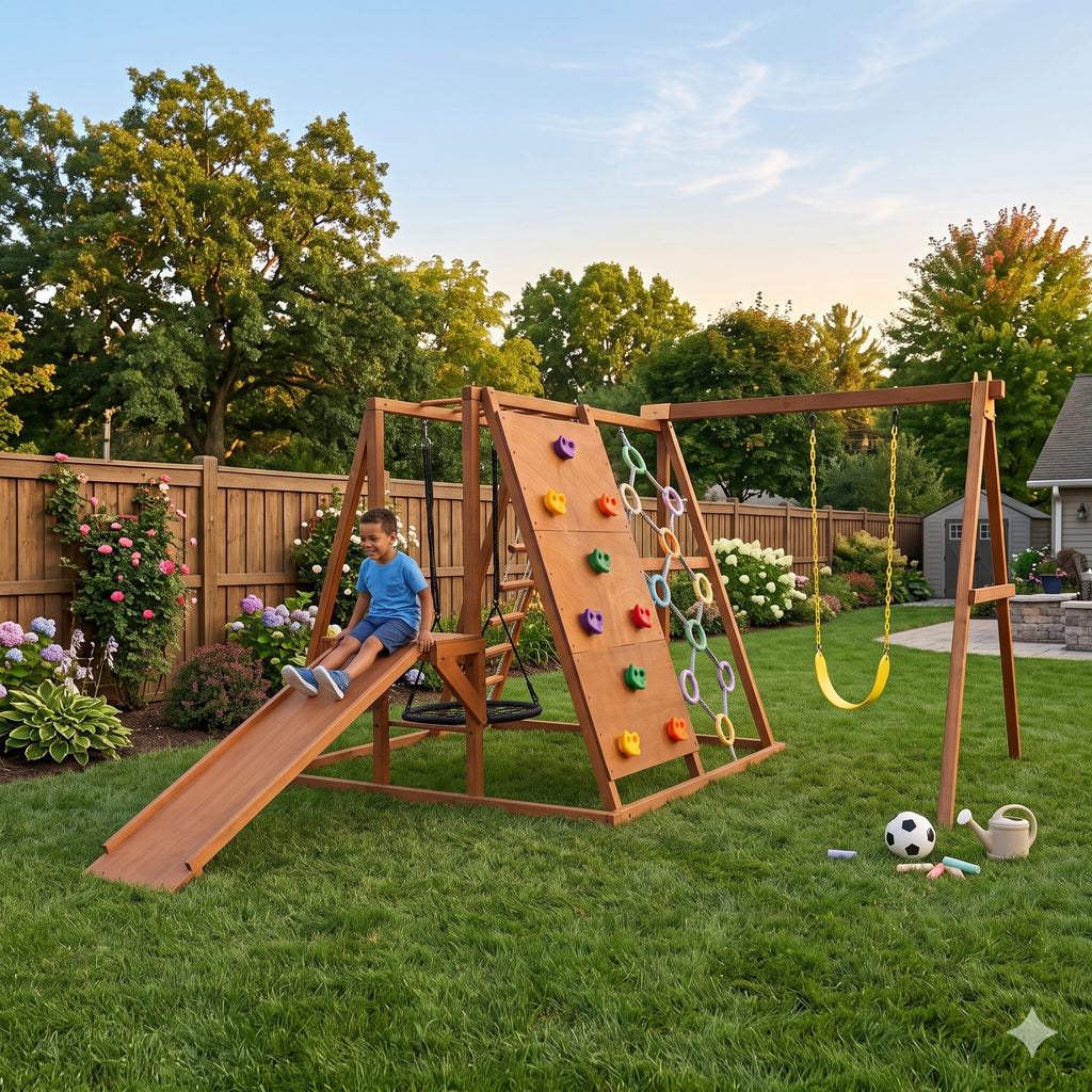 Boy climbing up the wooden ramp of the Sycamore XL outdoor play set