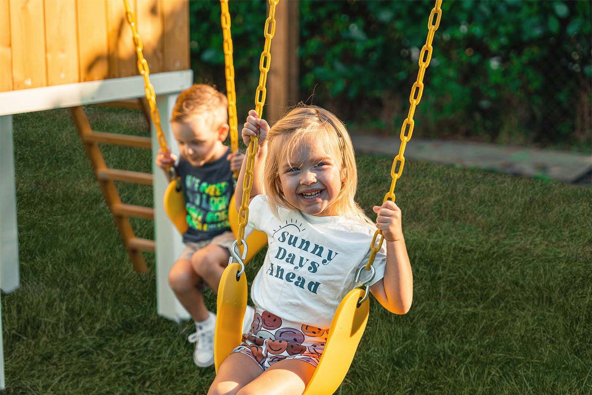Close up of the belt swings on the Avenlur Forest swing set