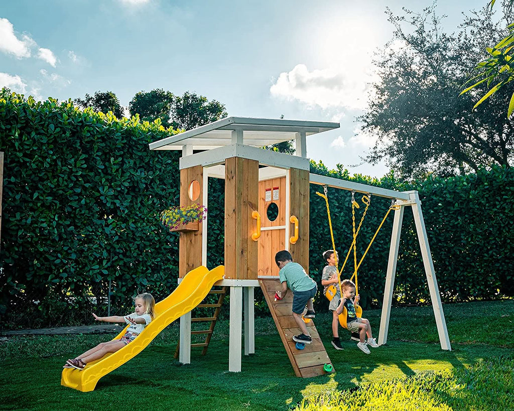 Avenlur Forest swing set with 6 foot wave slide and covered fort