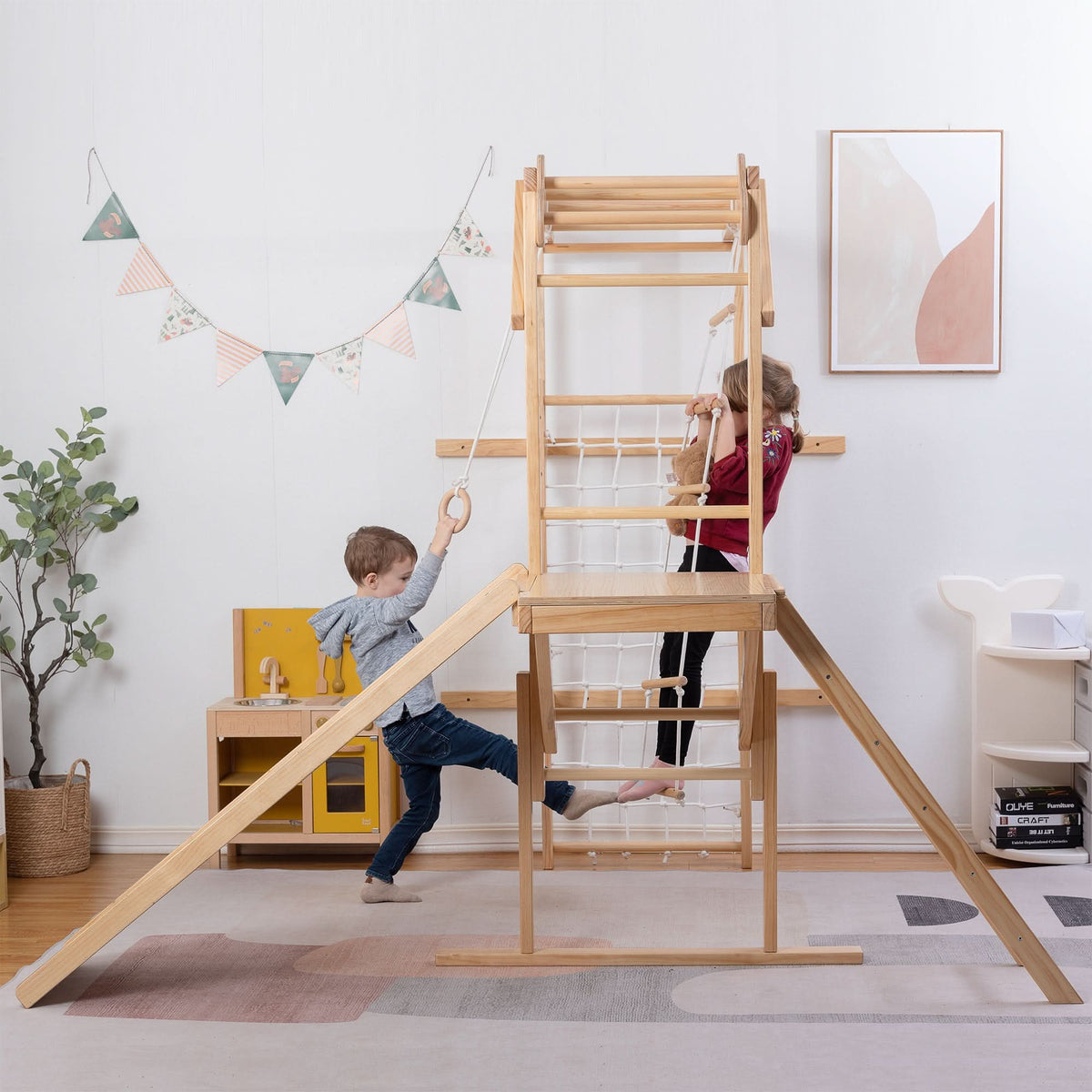 Avenlur Grove 8-in-1 indoor jungle gym for kids with slide, climbing net and rope ladder