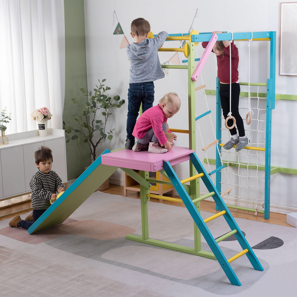 Avenlur Grove rainbow foldable indoor jungle gym for kids with gymnastic rings