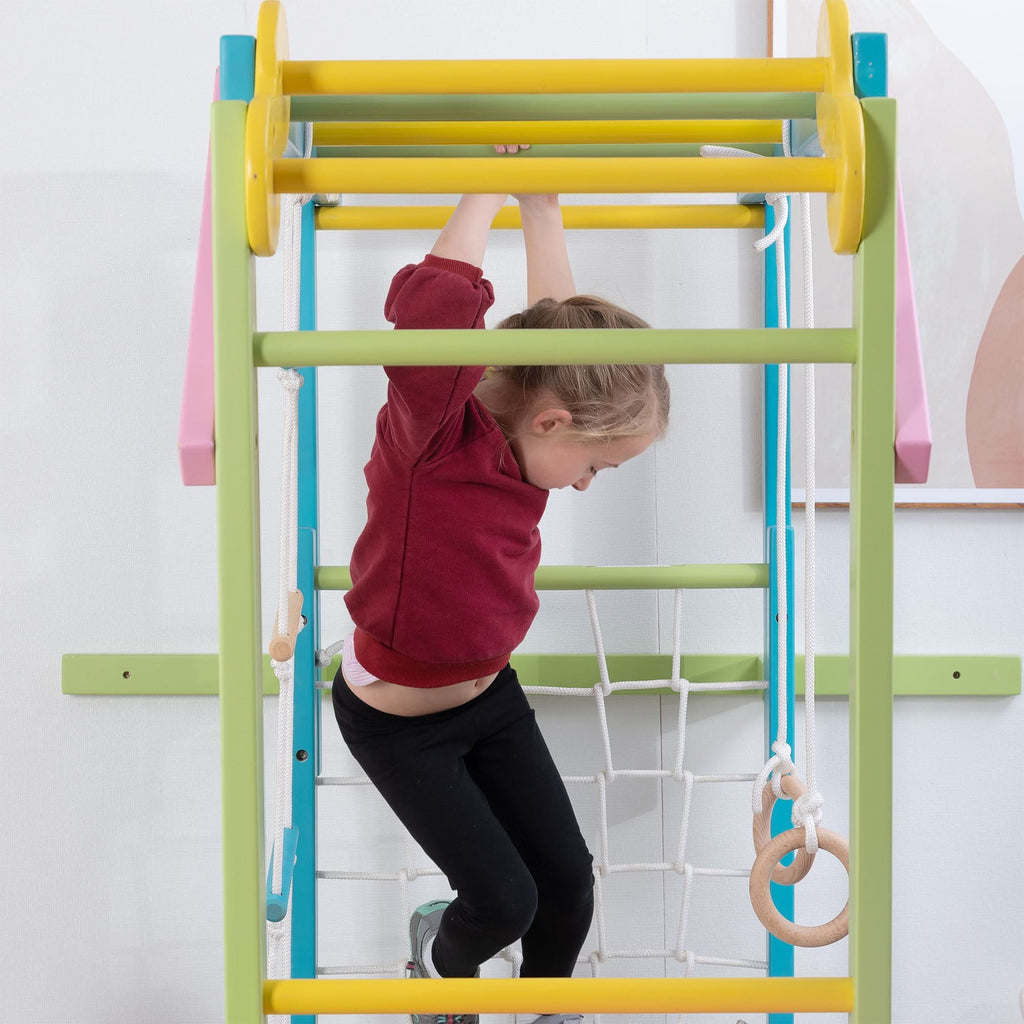 Avenlur Grove rainbow indoor climber for kids with climbing wall, net and wooden ladder