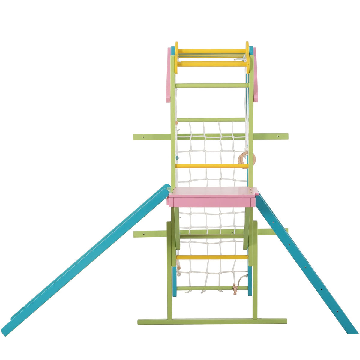 Avenlur Grove rainbow indoor playset with climbing rope, net and wooden ladder