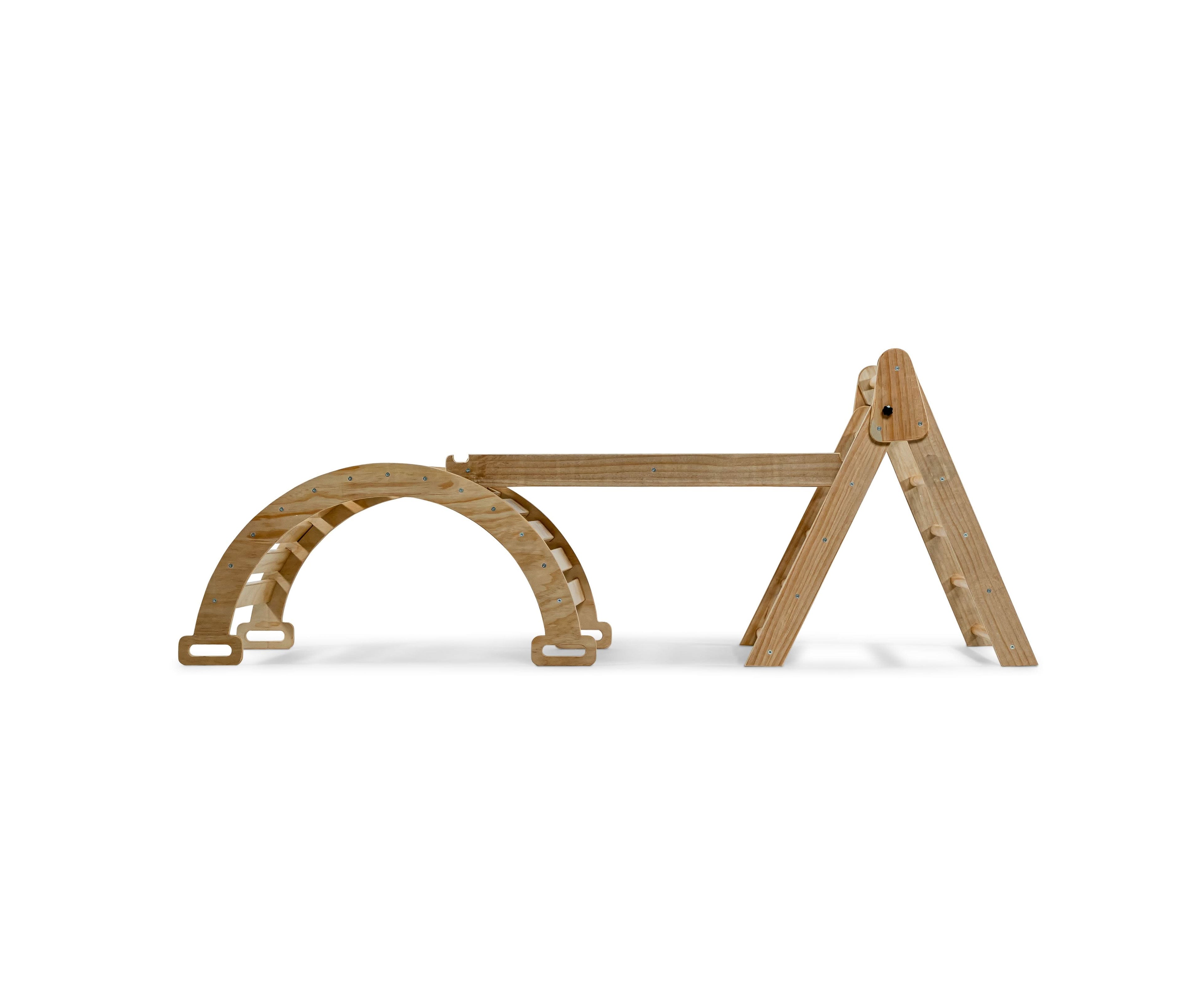 Side view of Avenlur Hazel Pikler Triangle with slide bridge and climbing arch on white background