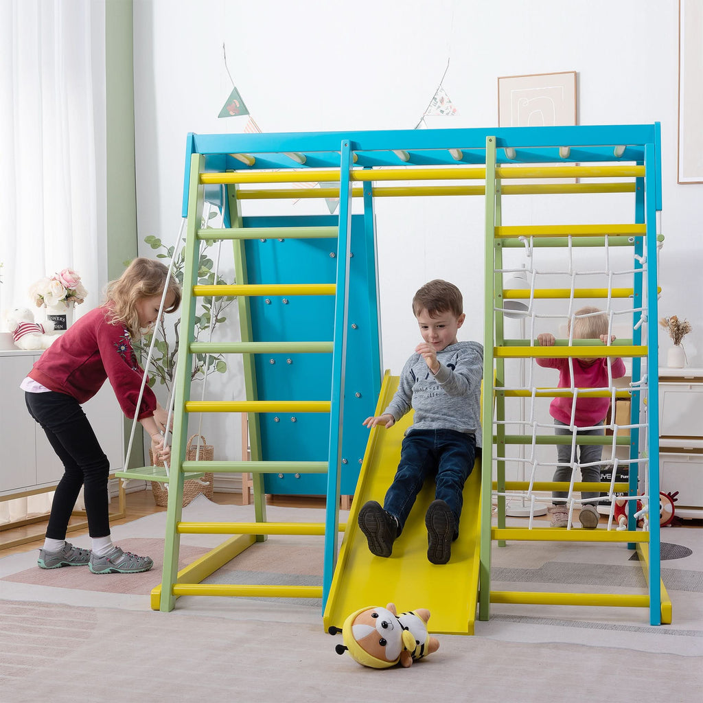Kids playing together on the Avenlur Magnolia wooden indoor jungle gym in a bright playroom