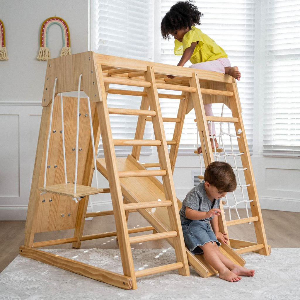 Avenlur Magnolia wooden indoor jungle gym with monkey bars, rock wall and slide
