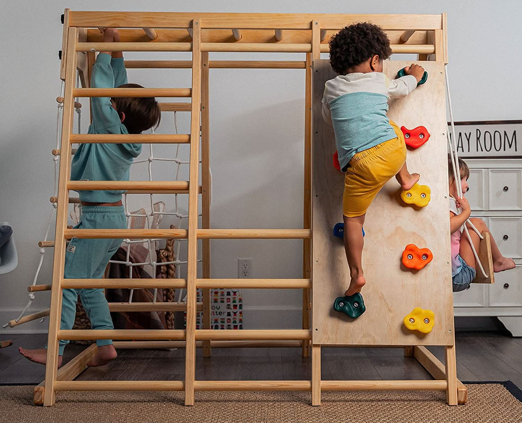 Avenlur Magnolia kids indoor jungle gym with rock wall and swing