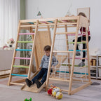 Child playing on the slide of the Avenlur Magnolia wooden indoor jungle gym