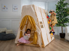 Avenlur Magnolia wooden indoor jungle gym with slide and swing in a home playroom