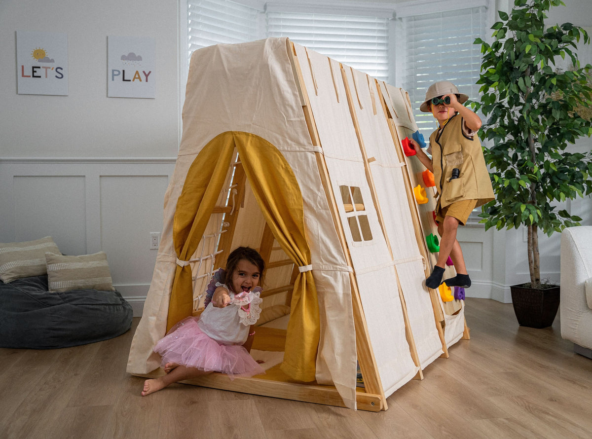 Avenlur Magnolia wooden indoor jungle gym with slide and swing in a home playroom