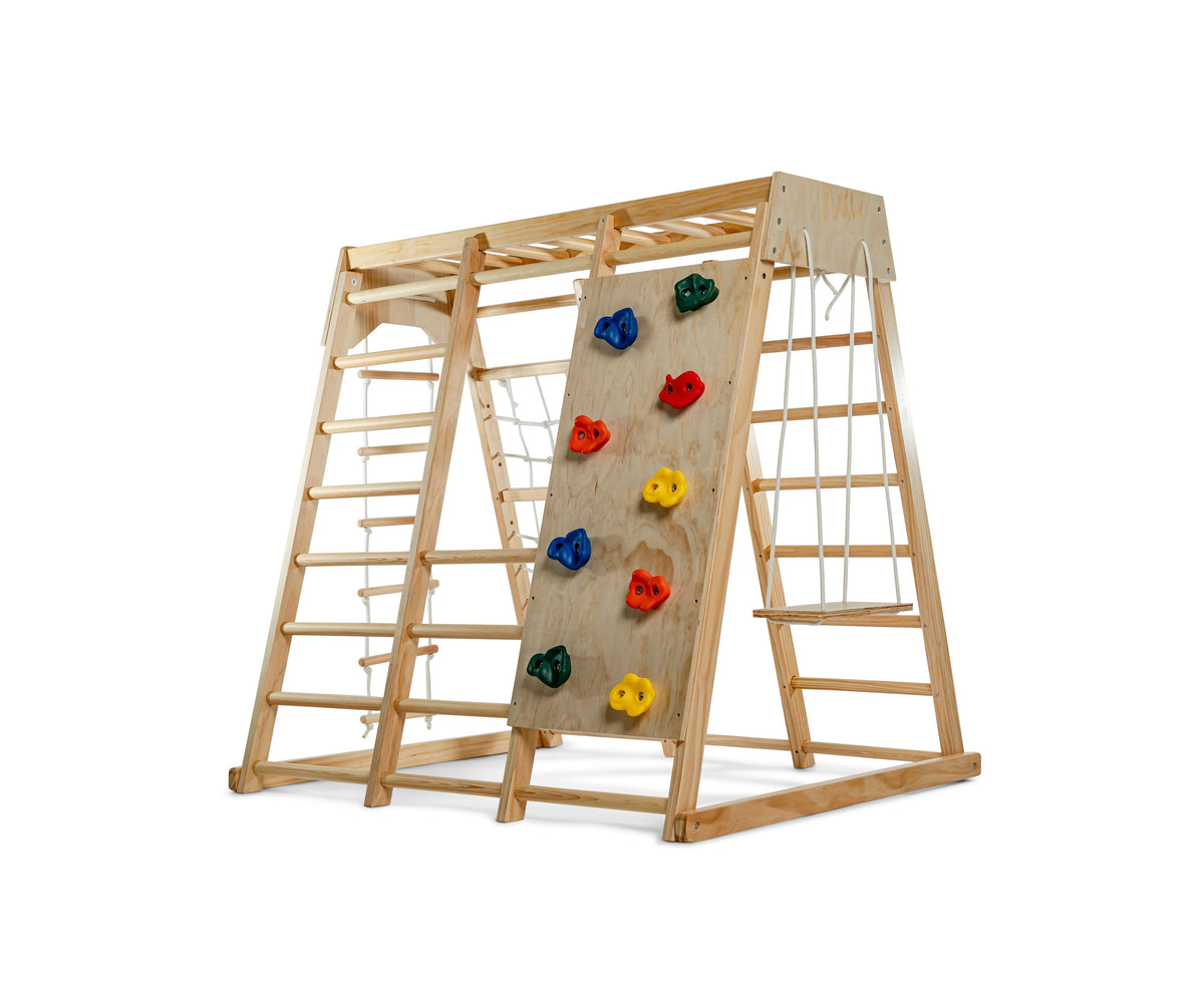 Avenlur Magnolia Large wooden climbing gym with slide, swing and monkey bars for indoor play