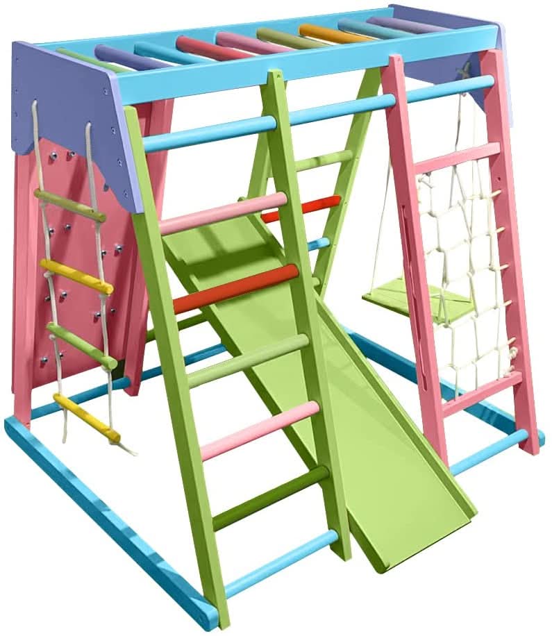 Front view of the Avenlur Magnolia rainbow color wooden indoor jungle gym