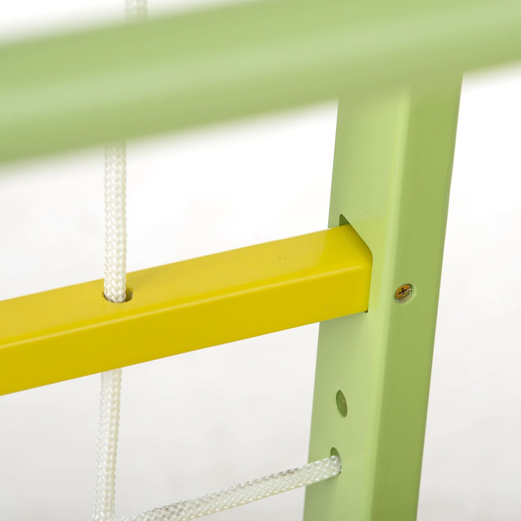 Close-up of the rope ladder knots and wooden rungs on the Avenlur Magnolia jungle gym