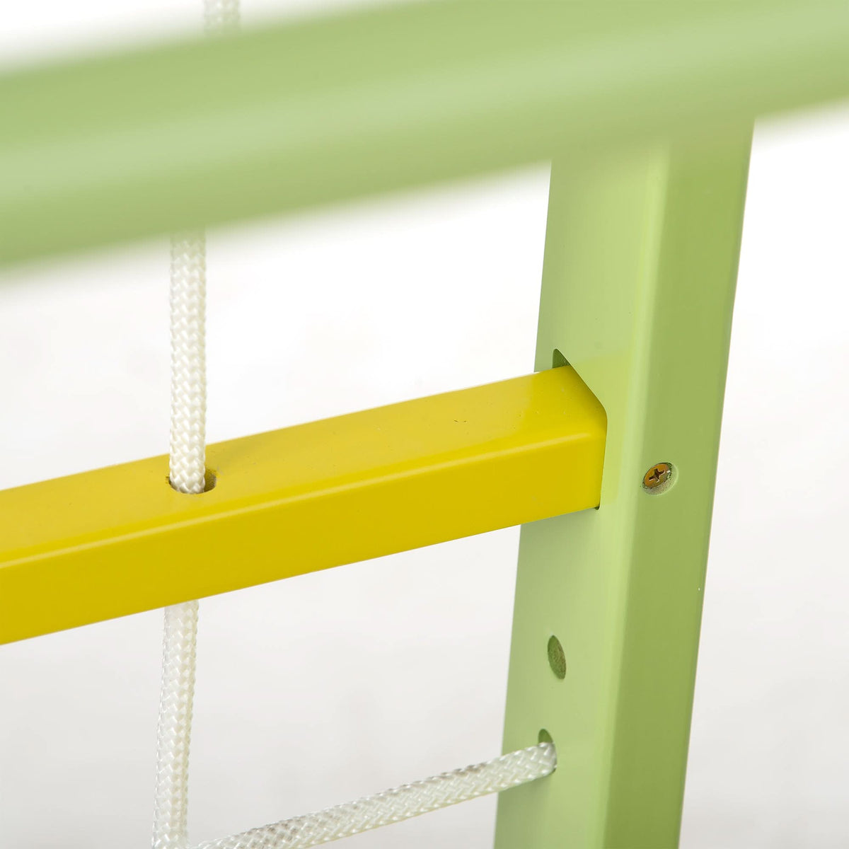 Close-up of the rope ladder knots and wooden rungs on the Avenlur Magnolia jungle gym